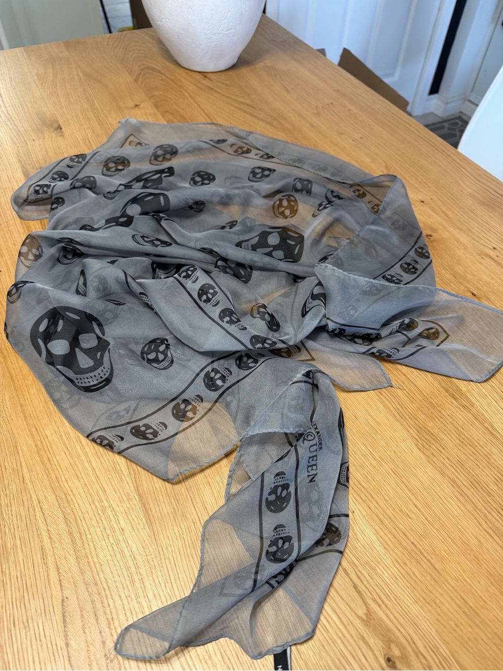 Alexander McQueen Sheer Grey Skull-Print Silk Scarf